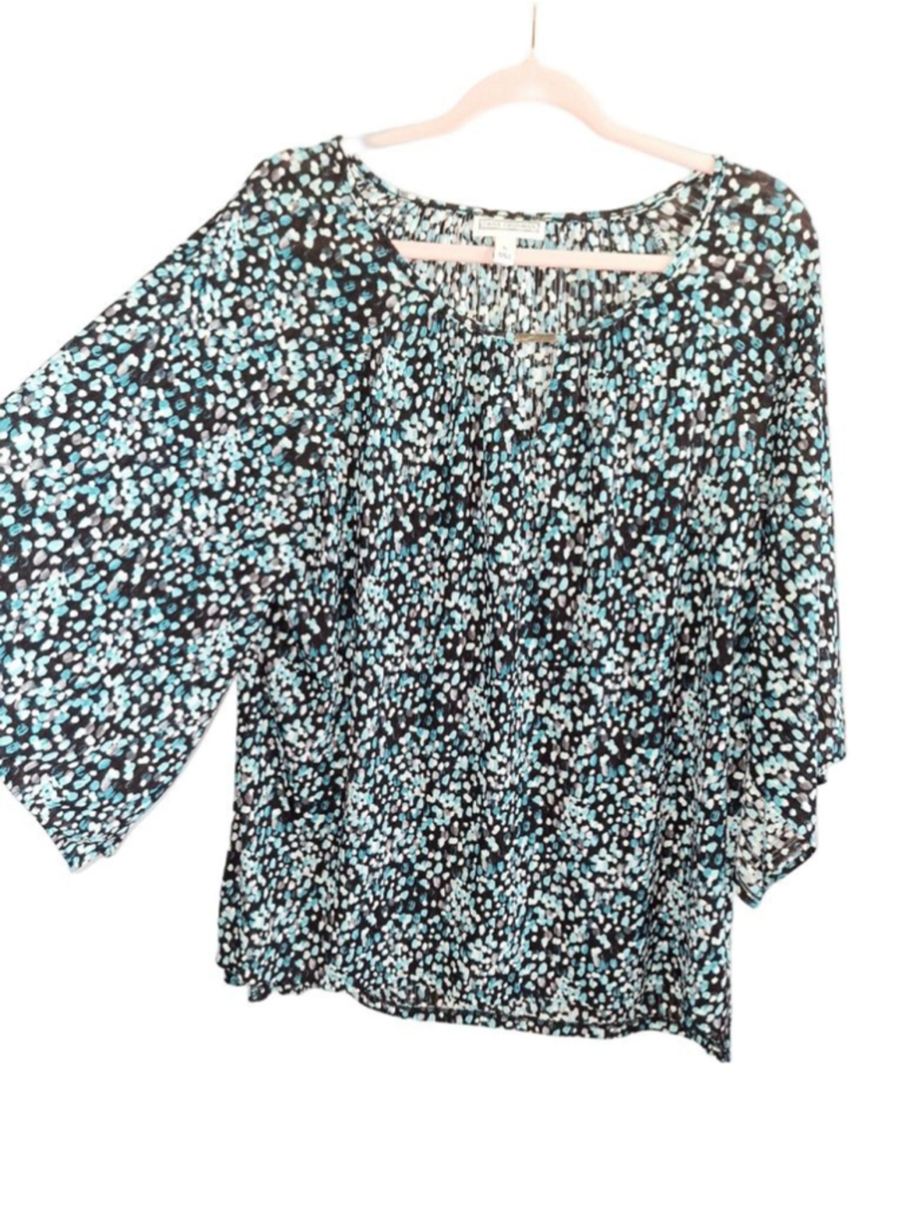 DANA BUCHMAN keyhole flowy business casual Blouse L Black Teal Spotted